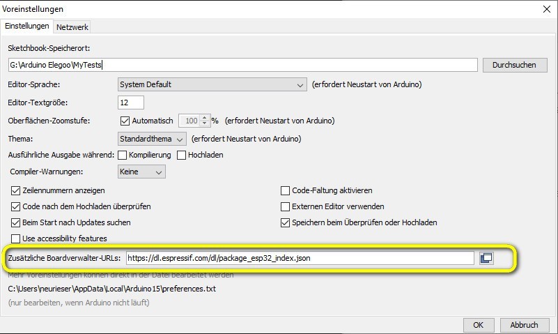 Arduino IDE - Voreinstellungen