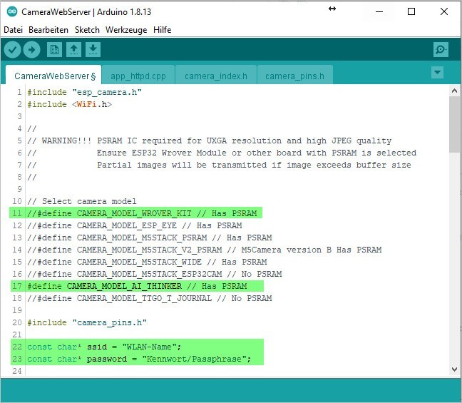 Arduino IDE - ESP32-CAM CameraWebServer - Einstellungen