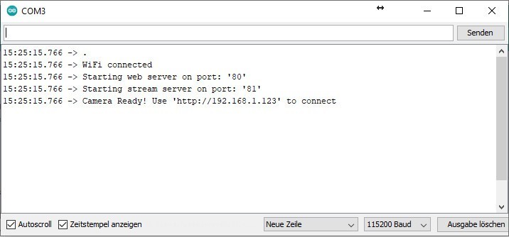 Arduino IDE - Serieller Monitor mit CameraWebServer Infos